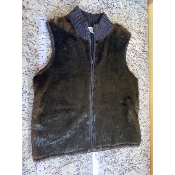 Emma James Faux Fur Vest L Black Brown Zip Up Sweater Knit Collar Y2K Cozy Goth - Picture 8 of 9